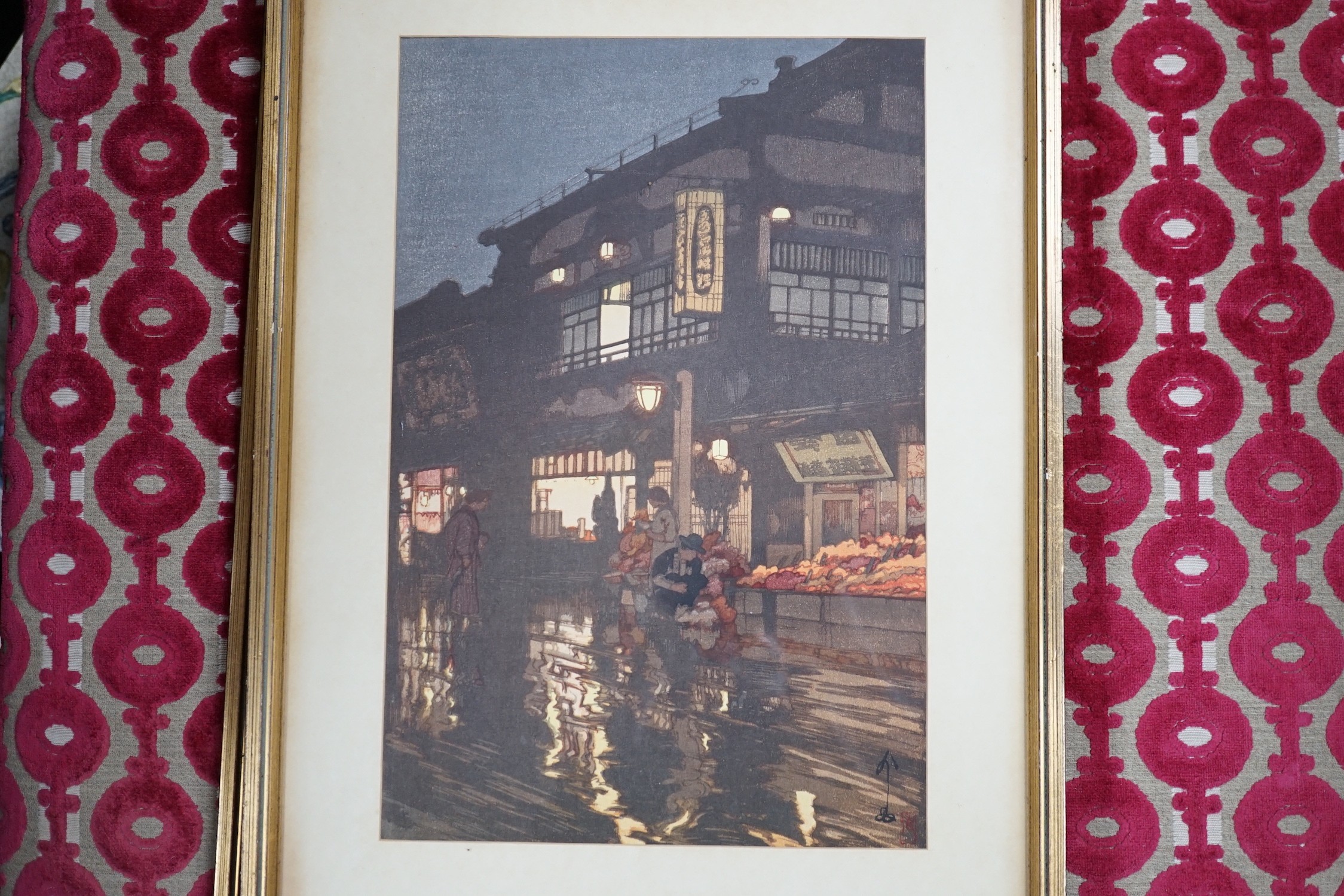 Yoshida Hiroshi (1876-1950), two Japanese woodblock prints, 'The Cherry Tree in Kawagoe, 1935', and 'Kagurazaka Street after a Night Rain, 1929', 37 x 24cm